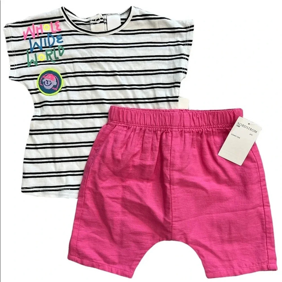Open Edit Striped Pink Shorts Outfit Set 6M 9m 12m 18m - Picture 1 of 2